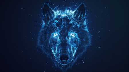A glowing holographic wolf head projects in a dark space, showcasing a digital designの素材