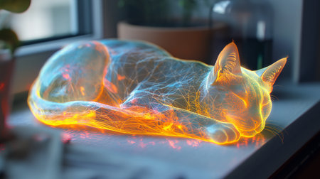 A futuristic neon hologram cat glows softly on a table in a cozy settingの素材