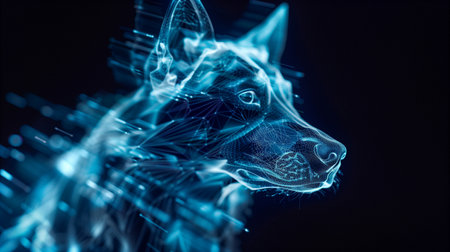 A glowing holographic dog companion projects a realistic aura in a dark settingの素材