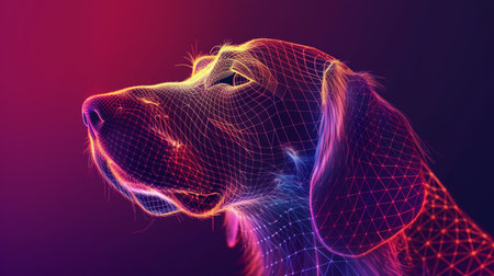 A glowing digital dog floats in a colorful setting, highlighting advanced holographic techの素材