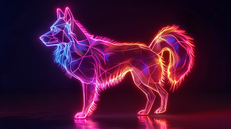 A vibrant holographic projection of a dog radiates neon colors in a dimly lit environmentの素材