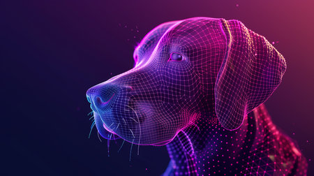 Holographic glowing dog companion projected in a dark, ambient settingの素材