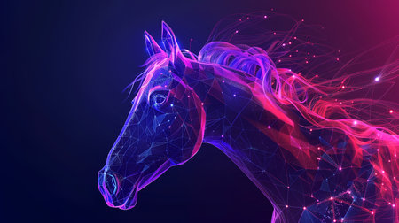 A neon-hued hologram of a horse lights up the space, serving as a captivating digital friendの素材