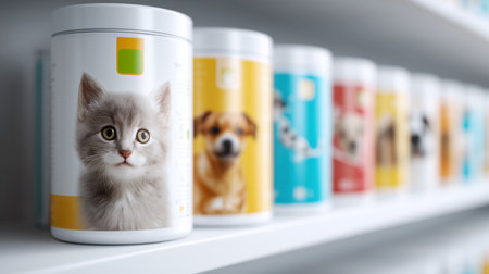 Cat and dog care products displayed on shelf for animal maintenance support Generative AIの素材