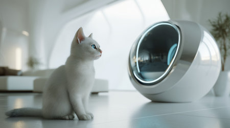Cat observing a modern automatic litter box in a stylish living space Generative AIの素材