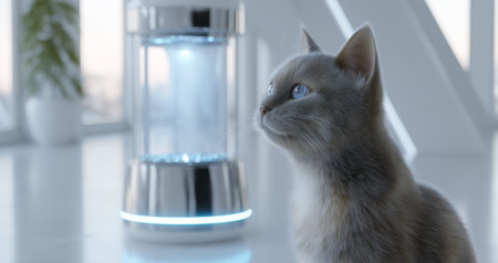 Cat exploring a modern bathroom with a unique hydration device nearby Generative AIの素材