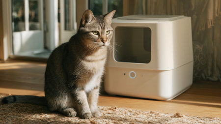 Cleaning a modern toilet device with a cat nearby in a cozy indoor setting Generative AIの素材