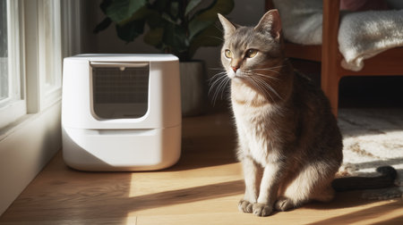 Cat sitting near a clean litter box during midday sunlight in a cozy living room Generative AIの素材