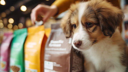 Puppy at pet store exploring options for grooming and nutrition Generative AIの素材