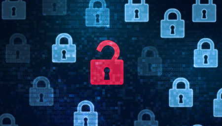 Red open padlock icon among closed padlocks on digital screen