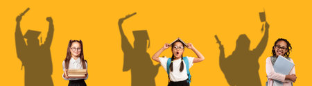 Three cute schoolgirls with books dreaming about graduation