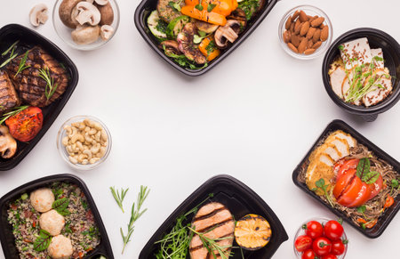 Frame of healthy food in black boxes with blank space on whiteの写真素材