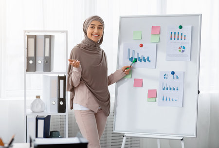 Confident muslim woman in hijab making project presentation in office