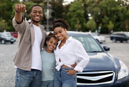Happy Black Family Showing New Car Key Standing Outdoorの写真素材