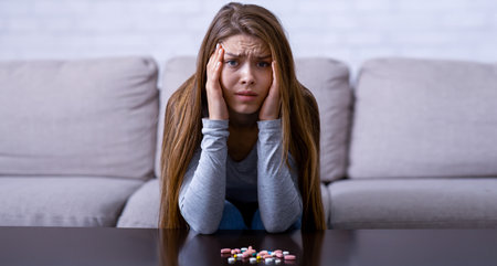 Emotional breakdown and suicide. Young lady with pills having psychological disorder and planning to kill herselfの写真素材