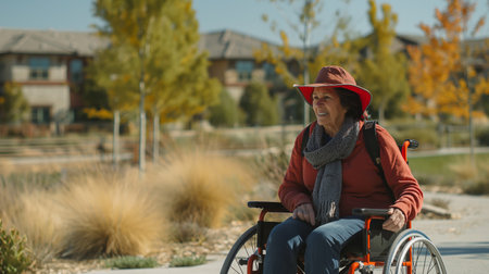 A woman in a wheelchair strolls through a park filled with children and autumn leavesの素材