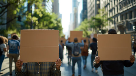 Demonstrators march together in a city center, holding blank signs to advocate for social justiceの素材