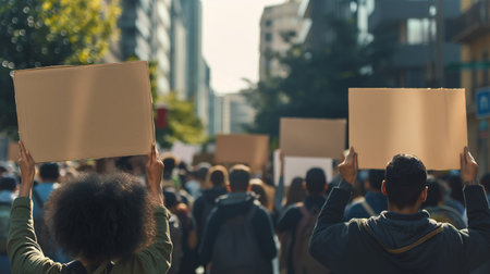 Crowd gathers in a bustling city to advocate for social change in a peaceful demonstrationの素材