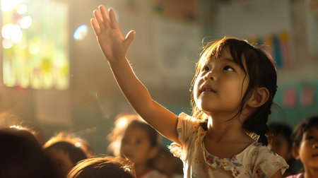 Minority children actively engage in a classroom, raising their hands with enthusiasm for learningの素材