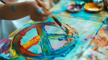 Child paints vibrantly, expressing themes of justice and protection in a creative spaceの素材