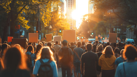A large group marches down a street at sunset, holding signs and advocating for changeの素材