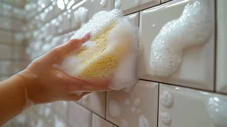 A hand scrubs soapy foam onto bathroom tiles, showcasing effective cleaning in progressの素材