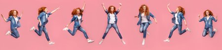Collage of redhead girl jumping in air on pink backgroundの写真素材