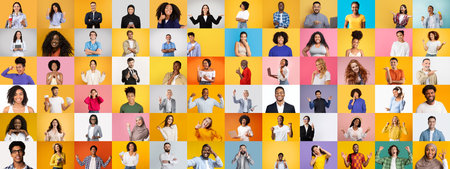 Diverse group of people showcasing expressions on vibrant backgroundsの写真素材