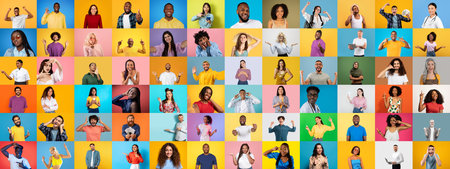 Diverse group of people expressing emotions in vibrant lifestyle collageの写真素材