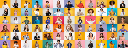 A vibrant collection of portraits presents individuals from diverse backgroundsの写真素材