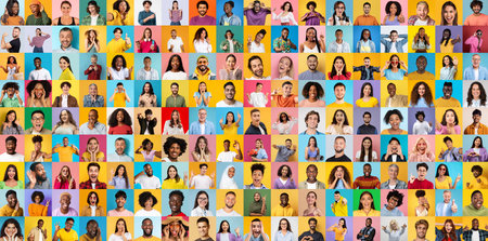 Dynamic diverse faces on colorful background, creative collage