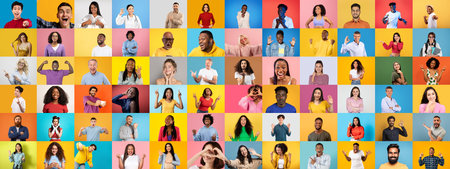 Collage of diverse people showing emotions on vibrant backgroundsの写真素材
