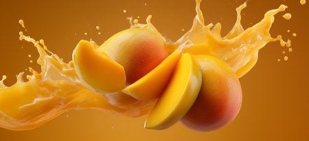 Fresh mangoes splashing in vibrant orange juice create a tropical delight Generative AIの素材