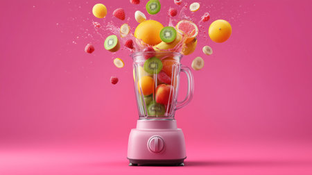 Preparing a colorful fruit smoothie in a modern pink blender Generative AIの素材