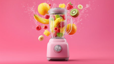 Colorful fruit explosion in a blender on a pink background during cooking preparation Generative AIの素材