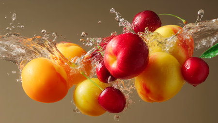 Fresh fruits splashing into water showcasing vibrant colors and freshness Generative AIの素材