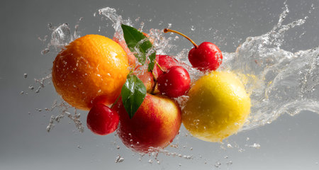 Fresh fruits splash in water during cooking preparation at a bright kitchen setting Generative AIの素材