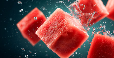 Fresh watermelon cubes splash into water creating a refreshing scene Generative AIの素材