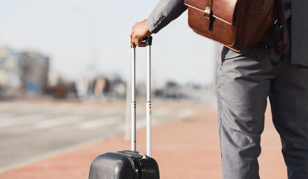 Unrecognizable Gentleman On Business Journey Standing With Suitcase Outdoors, Panoramaの写真素材