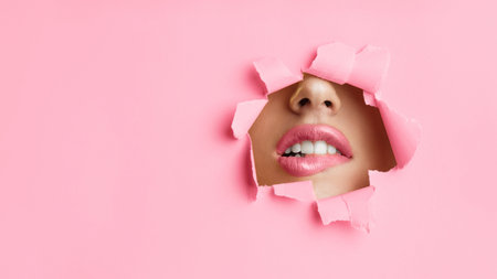 Woman Biting Lips Through Hole In Pink Paperの写真素材