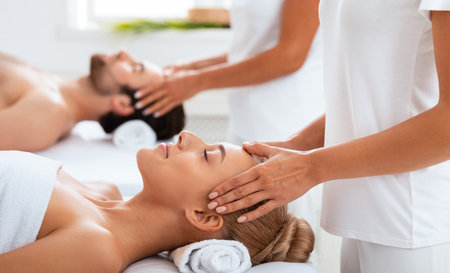 Couple Enjoying Head Massage Together Lying At Spa Center Indoorsの写真素材