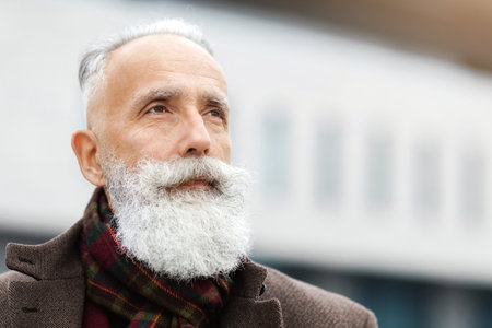 Handsome grey-haired senior man outdoors, looking at copy spaceの写真素材