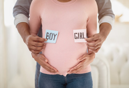 Loving African American couple holding BOY and GIRL cards near pregnant belly, close up viewの写真素材