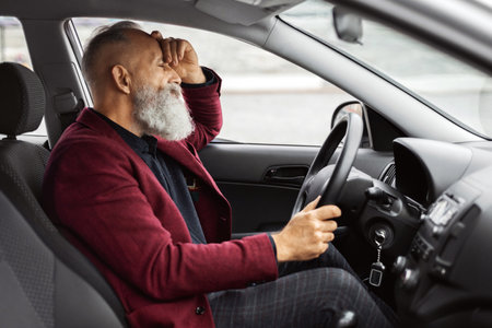 Tired senior businessman having troubles at work, sitting in car