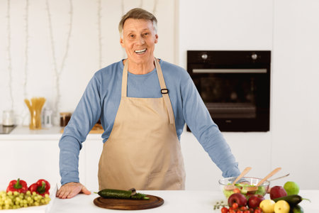 Aged Man Cooking Preparing Dinner Standing In Kitchen At Homeの写真素材