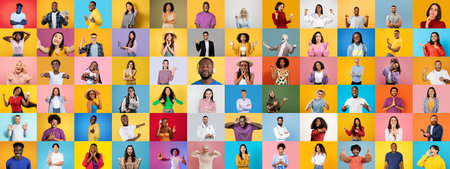 Diverse group of people showcasing expressions in a colorful collageの写真素材