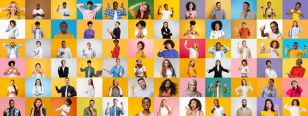 Diverse people displaying expressions for a lifestyle collageの写真素材