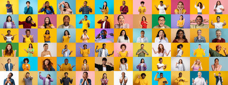Diverse collection of portraits showcasing happy faces and lifestylesの写真素材