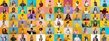Collection of diverse portraits showcasing expressions of joy and connectionの写真素材