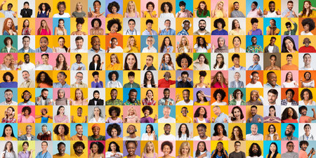 Colorful portraits highlighting multiracial individuals, bright collageの写真素材
